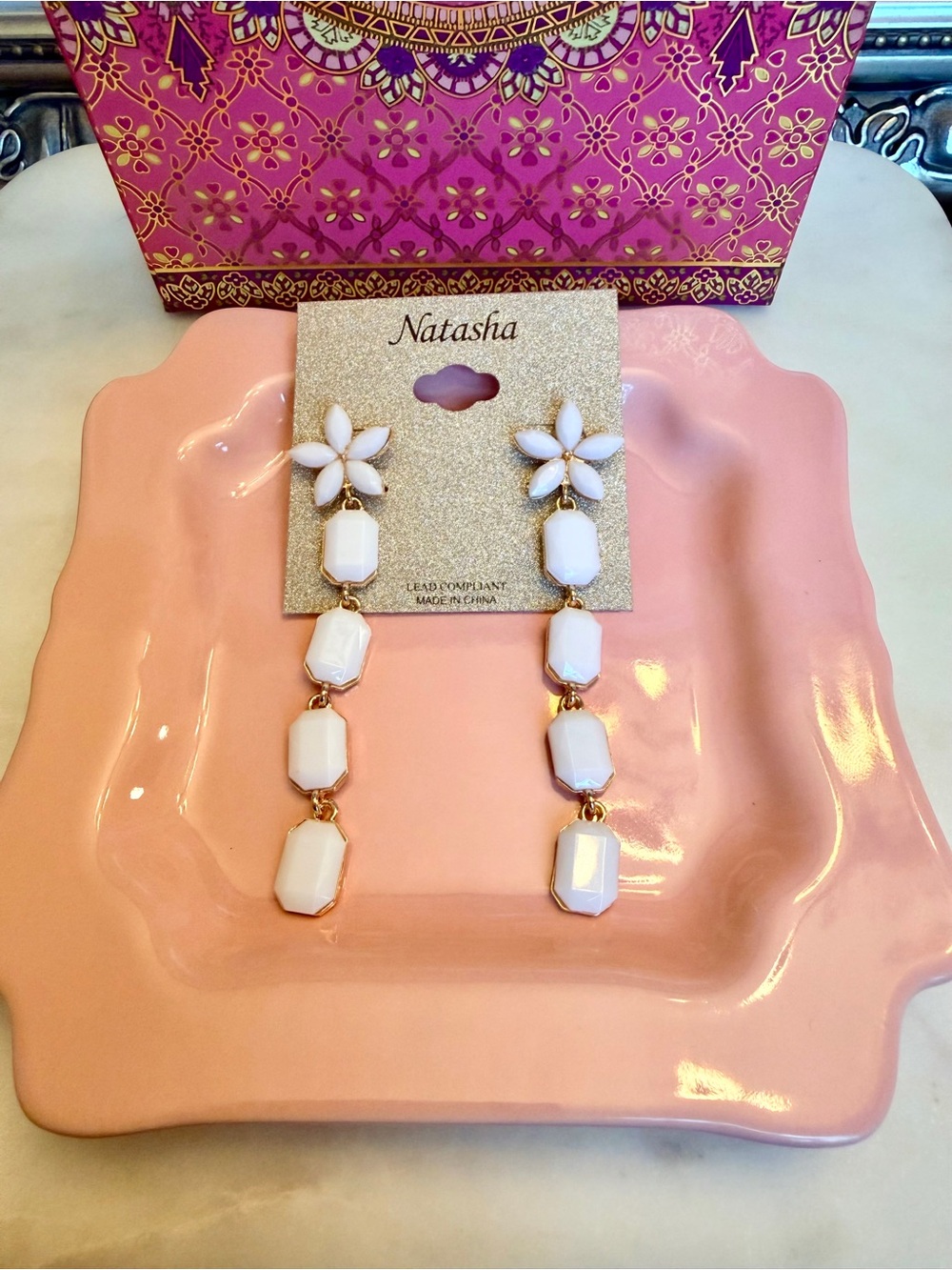 Natasha White and Gold Floral Drop Earrings 3”L - NWOT - Picture 4 of 8